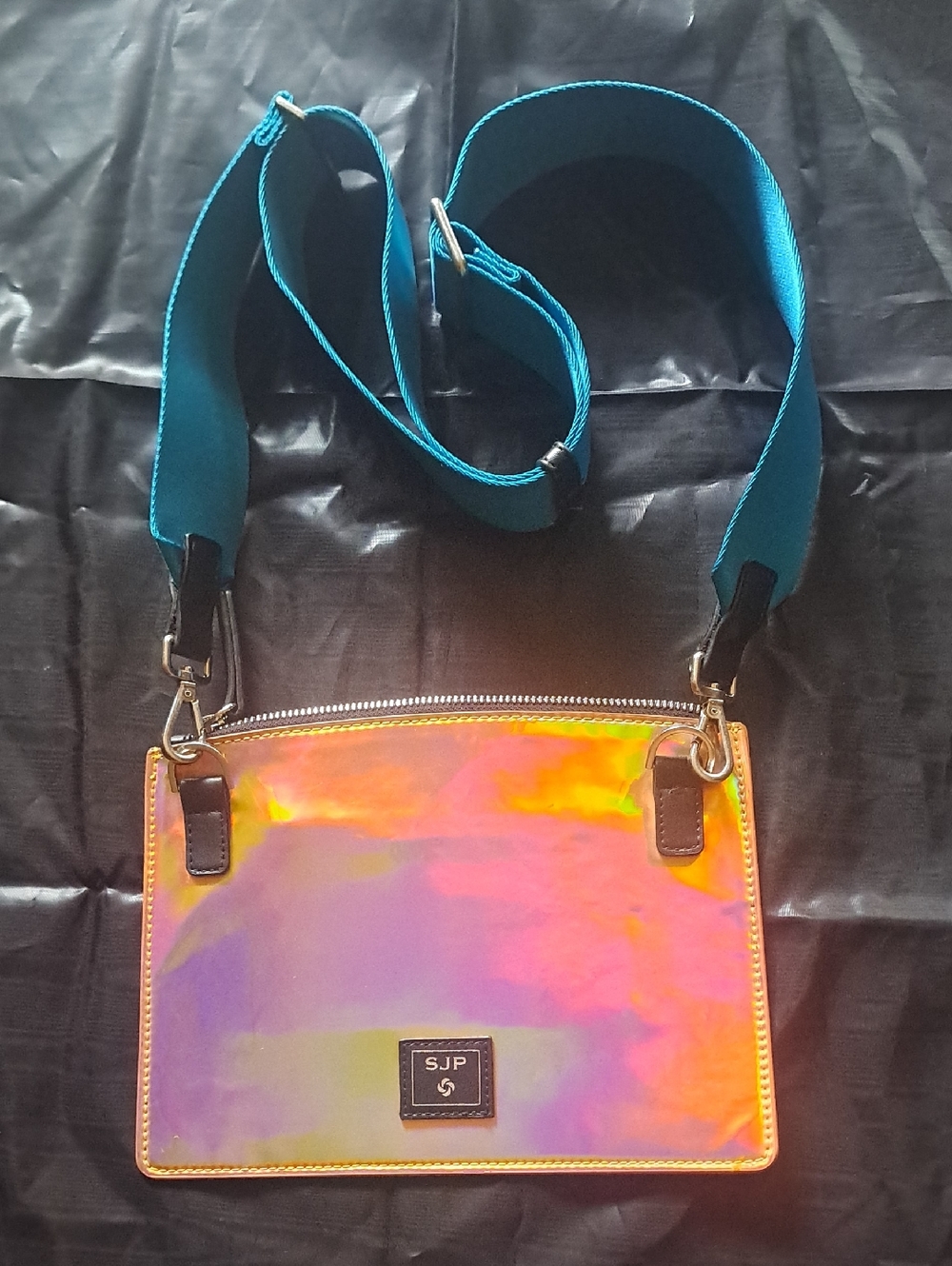 SJP by Sarah Jessica Parker Iridescent Holographic Crossbody Bag with Teal Strap